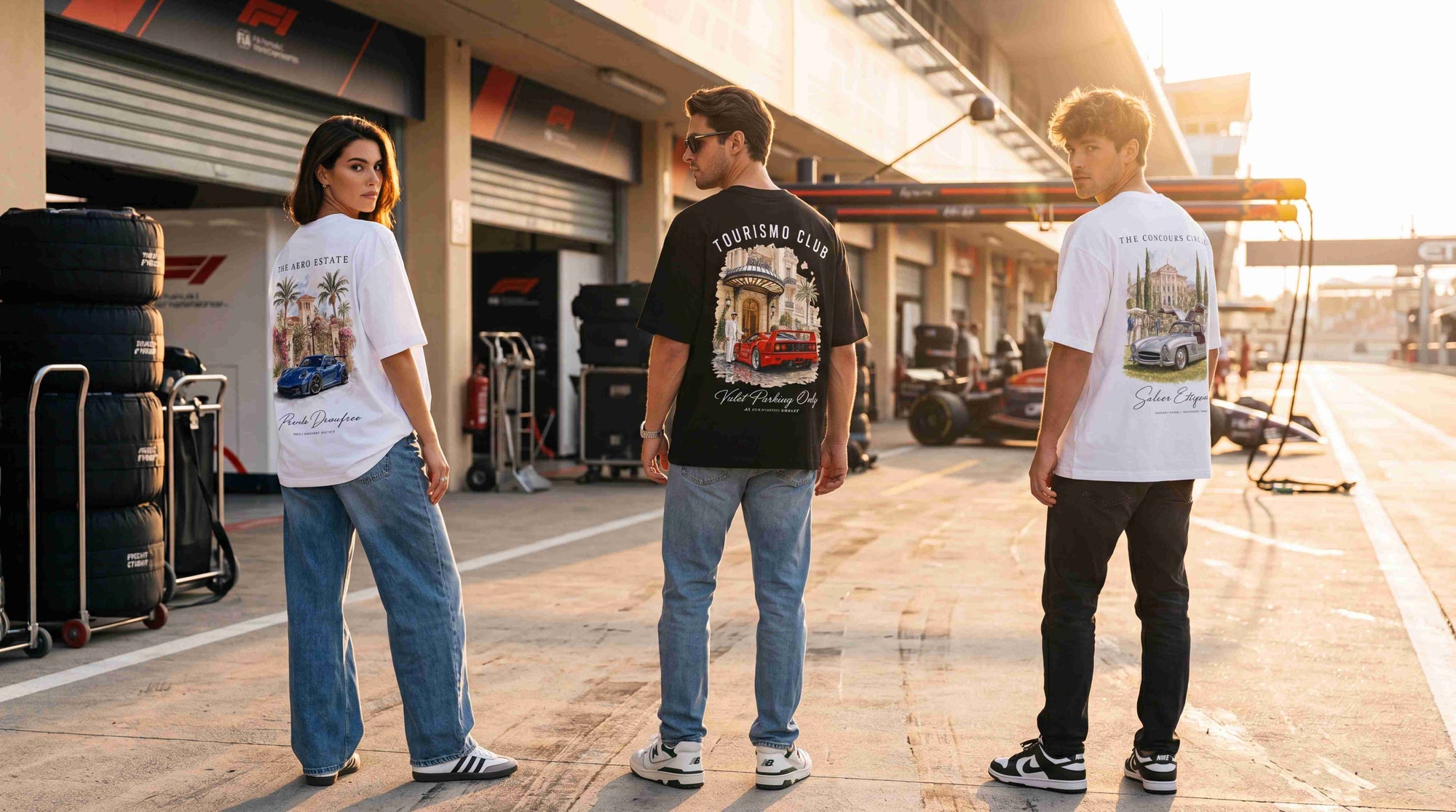 Trois modèles portant des t-shirts Tourismo Clothing Collection Été 2026 dans le paddockd'un circuit de Formule 1 au coucher du soleil, de gauche à droite : t-shirt blanc Aero Estate911 GT3 RS, t-shirt noir Tourismo Club Ferrari F40, t-shirt blanc Concours Circle 300 SL Gullwing,lumière dorée en fond de pit lane, ambiance motorsport premium streetwear