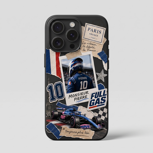 Coque iPhone noire Tourismo Clothing collage Pierre Gasly Alpine Formule 1 tricolore