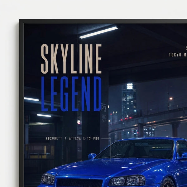 Poster Nissan Skyline GTR R34 Bayside Blue Tourismo avec voiture bleue et texte Skyline Legend