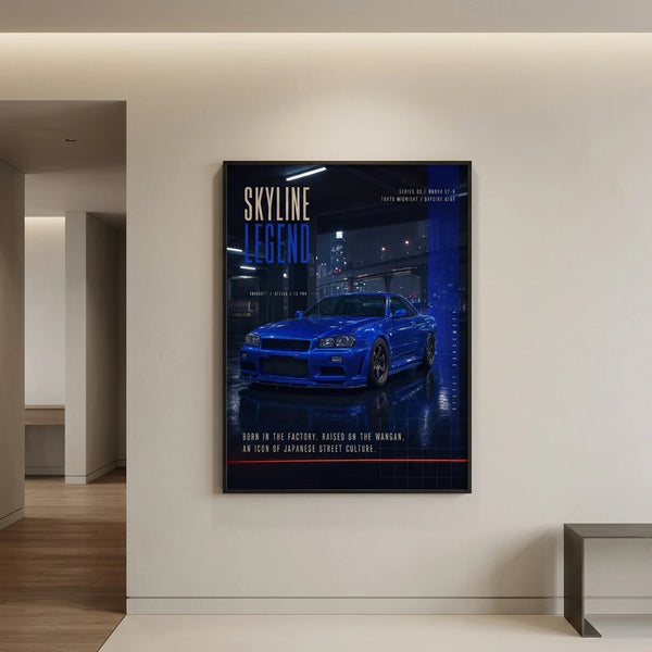 Poster Nissan Skyline GTR R34 Bayside Blue Tourismo encadré et présenté dans un intérieur contemporain