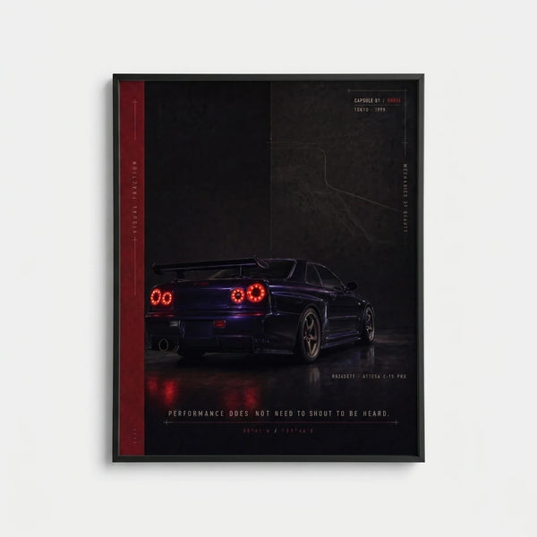 Poster Nissan Skyline GTR R34 Midnight Purple Tourismo avec voiture sombre sur fond nocturne et composition racing