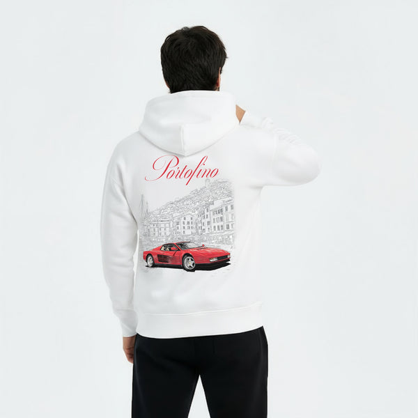 Sweat à capuche Ferrari Testarossa blanc vu de dos – visuel emblématique italien, design Tourismo premium