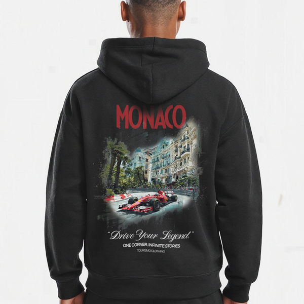 Gros plan du sweat noir Monaco Grand Prix Édition avec design artistique du circuit monégasque