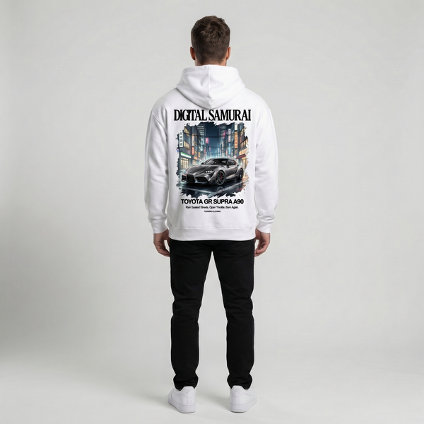 Sweat Toyota GR Supra A90 Digital Samurai blanc, vue dos : design Tokyo by night, Tourismo Clothing