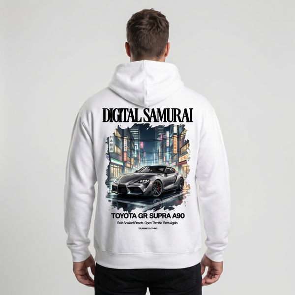 Sweat Toyota GR Supra A90 Digital Samurai blanc, zoom dos : flocage streetwear JDM premium, Tourismo Clothing