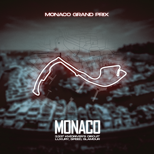 Toile canvas circuit F1 Monaco, tracé néon rouge lumineux sur fond sombre, reproduction fidèle du Grand Prix légendaire