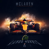 Toile canvas F1 Lando Norris, voiture McLaren orange et casque numéro 4, ambiance lumineuse intense