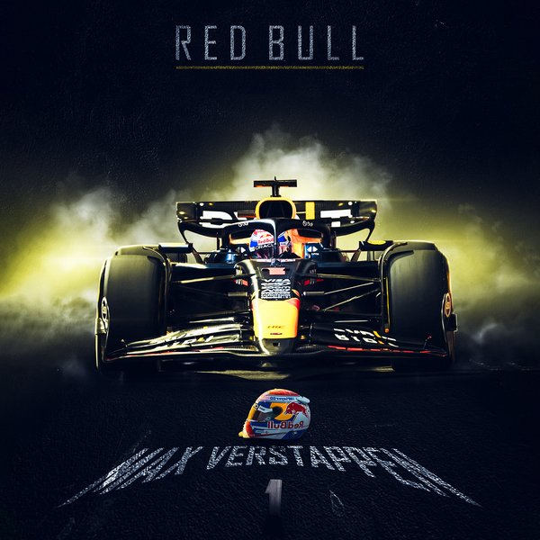 Toile canvas F1 Max Verstappen, monoplace Red Bull RB19 et casque posé au sol, ambiance jaune intense et visuel puissant