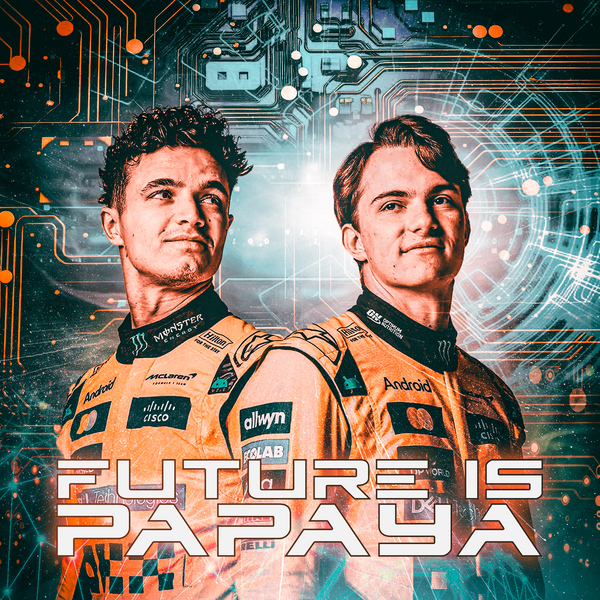 toile F1 Norris et Piastri McLaren en tenue orange avec fond futuriste digital