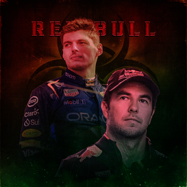 Illustration artistique duo Red Bull F1 Max Verstappen et Sergio Pérez sur fond rouge et vert sombre