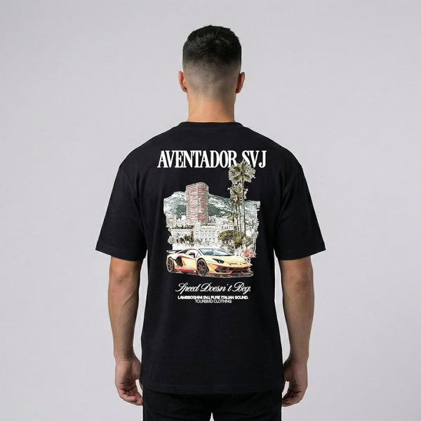 T-shirt Lamborghini Aventador SVJ noir vue de dos avec grand imprimé Aventador SVJ