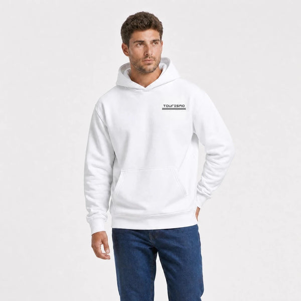 Sweat Back To The Future blanc vu de face en plan rapproché avec logo Tourismo