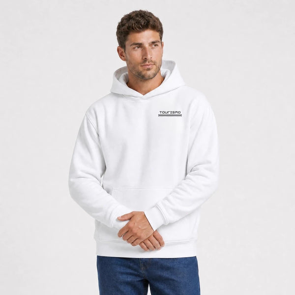Sweat F1 Esteban Ocon Signature blanc vu de face en plan rapproché avec logo Tourismo