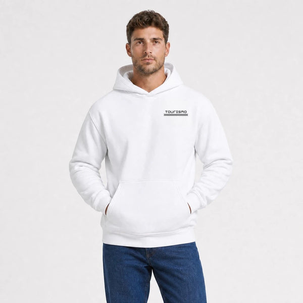Sweat Fiat 131 Abarth blanc vu de face en plan rapproché avec logo Tourismo