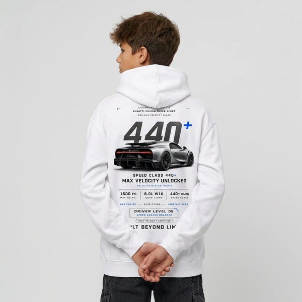 Sweat enfant Bugatti Chiron Super Sport blanc dos, design 440 km/h Built Beyond Limits, Tourismo Clothing