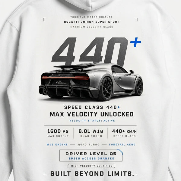 Design Bugatti Chiron 440 blanc sweat, 440 plus bleu électrique, flocage haute définition, Tourismo Clothing Junior