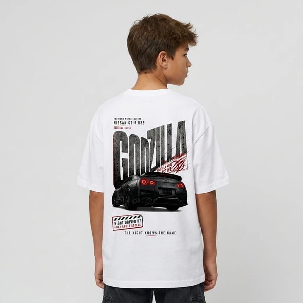 T-shirt enfant Nissan GT-R R35 blanc dos, design Godzilla Mode, The Night Knows The Name, Tourismo Clothing