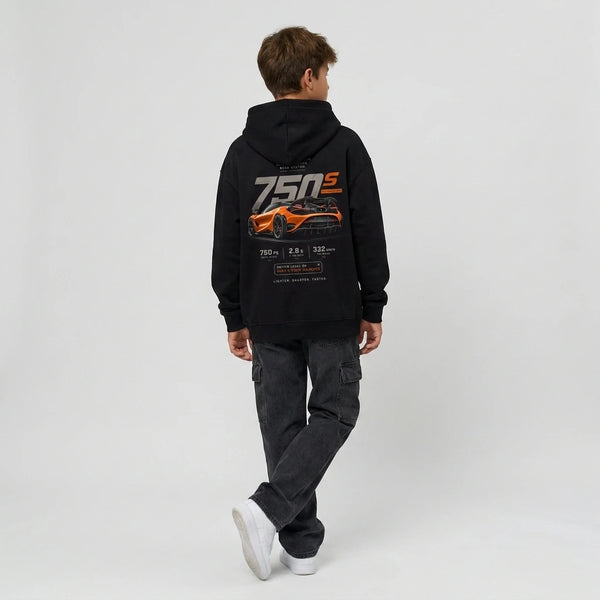 Sweat enfant McLaren 750S noir dos, design full-back Aero System, Tourismo Clothing
