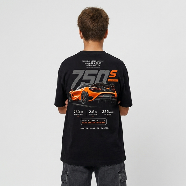 T-shirt enfant McLaren 750S noir dos, design full-back Aero System, Tourismo Clothing