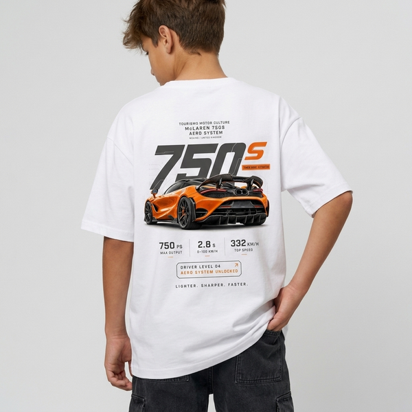 T-shirt enfant McLaren 750S blanc dos, design full-back Aero System, Tourismo Clothing