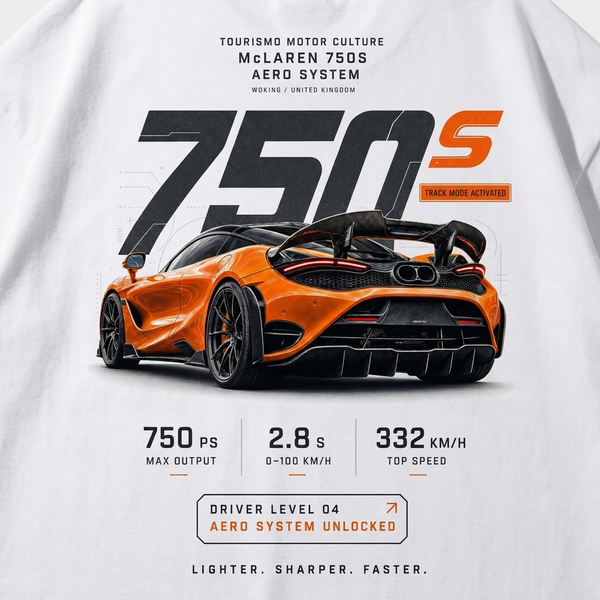Design McLaren 750S blanc, 750S orange, flocage haute définition, Lighter Sharper Faster, Tourismo Clothing Junior
