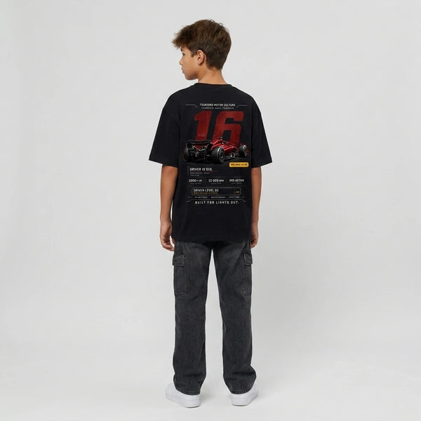 T-shirt enfant Ferrari F1 Charles Leclerc 16 noir dos, design full-back Race ID 016, Tourismo Clothing