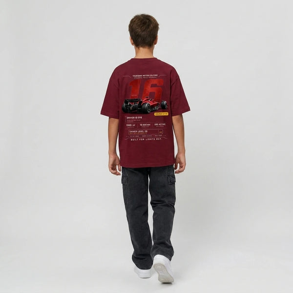 T-shirt enfant Ferrari F1 Charles Leclerc 16 rouge bordeaux dos, design Race ID 016, Tourismo Clothing