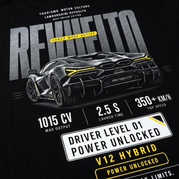 Design Lamborghini Revuelto noir, flocage REVUELTO haute définition, V12 Hybrid, Tourismo Clothing Junior