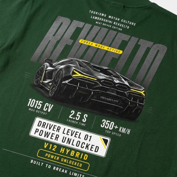 Design Lamborghini Revuelto vert forêt, flocage REVUELTO haute définition, V12 Hybrid, Tourismo Clothing Junior