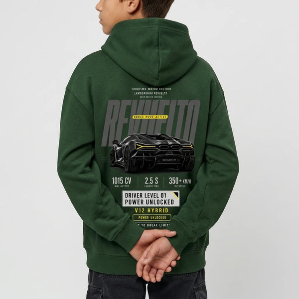 Sweat enfant Lamborghini Revuelto vert forêt dos, design full-back immersif, Tourismo Clothing