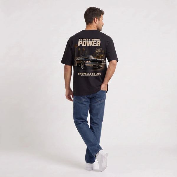 T-shirt Chevrolet Chevelle SS 396 Street-Born Power noir vu de dos