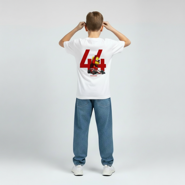 T-shirt blanc enfant Lewis Hamilton avec numéro 44 rouge et silhouette Ferrari au dos