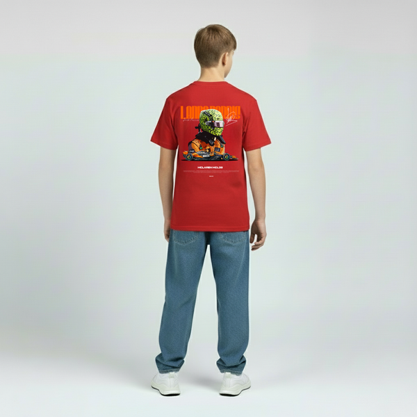 Dos du t-shirt rouge enfant Lando Norris avec illustration stylisée