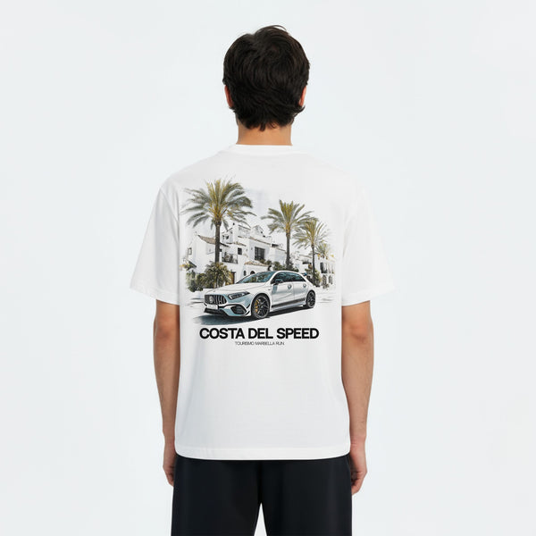 T-shirt Mercedes A45S AMG blanc vu de dos – visuel Riviera avec palmiers et design Costa Del Speed