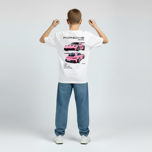 T-shirt blanc enfant Porsche 911 GT3 RS avec design dorsal stylisé