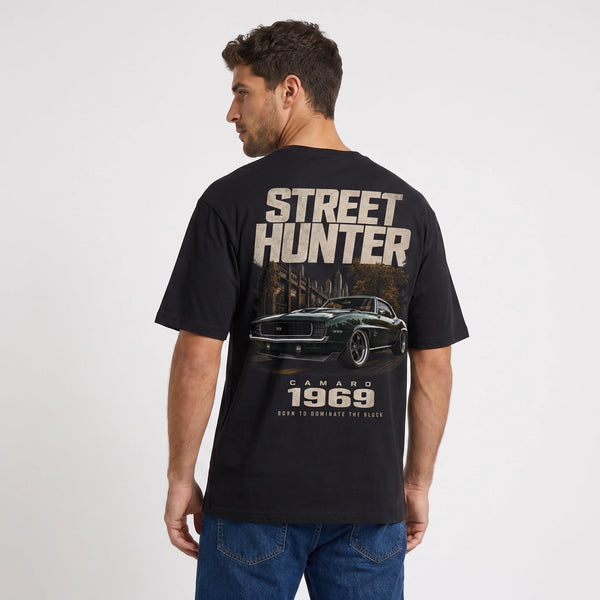 T-shirt Chevrolet Camaro 1969 Street Hunter noir porté de dos