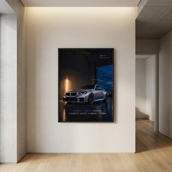 Poster BMW M2 G87 Tourismo encadré et présenté dans un intérieur contemporain