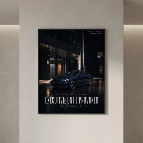 Poster BMW M340i G20 Tourismo encadré et présenté dans un intérieur contemporain
