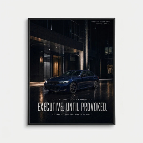 Poster BMW M340i G20 Tourismo avec berline bleue de nuit et texte Executive Until Provoked