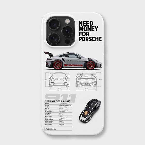 Coque iPhone blanche Tourismo Clothing au design Need Money For Porsche 911 GT3 RS
