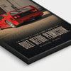 Vue rapprochée du poster Ferrari F40 1987 Tourismo avec voiture rouge et texte Built Before Permission