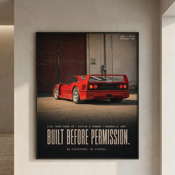 Poster Ferrari F40 1987 Tourismo encadré et présenté dans un intérieur contemporain