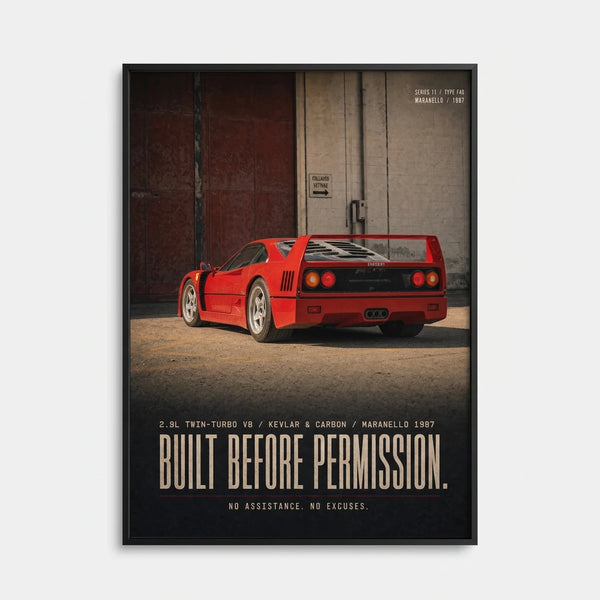 Poster Ferrari F40 1987 Tourismo avec voiture rouge sur fond sombre et typographie racing