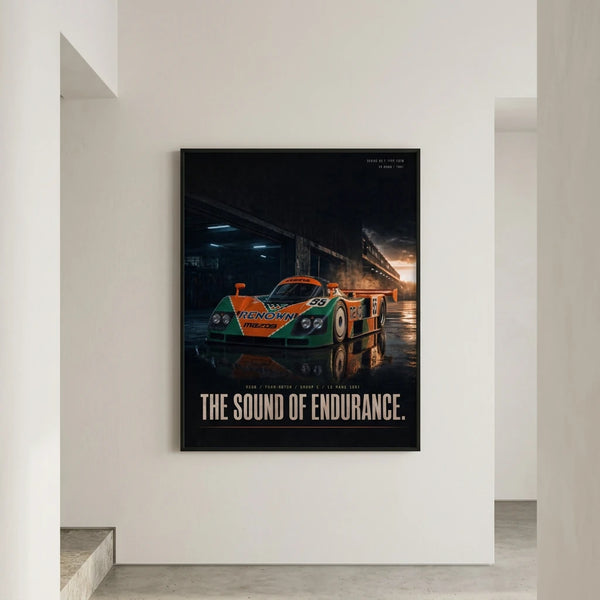 Poster Mazda 787B Le Mans 1991 Tourismo encadré et présenté dans un intérieur contemporain