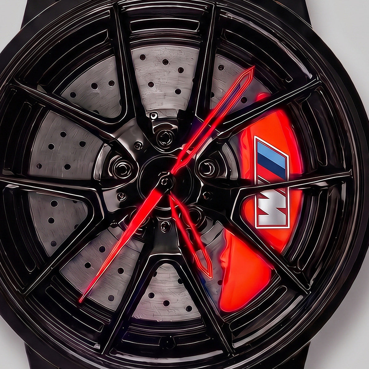 Primer plano de la llanta y de la pinza grabada M, reloj BMW M3