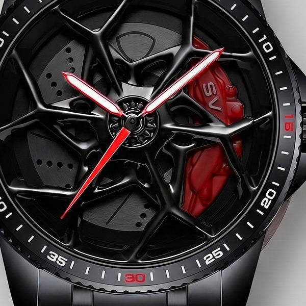 Primer plano de la llanta y de la pinza grabada SV, reloj Lamborghini SV
