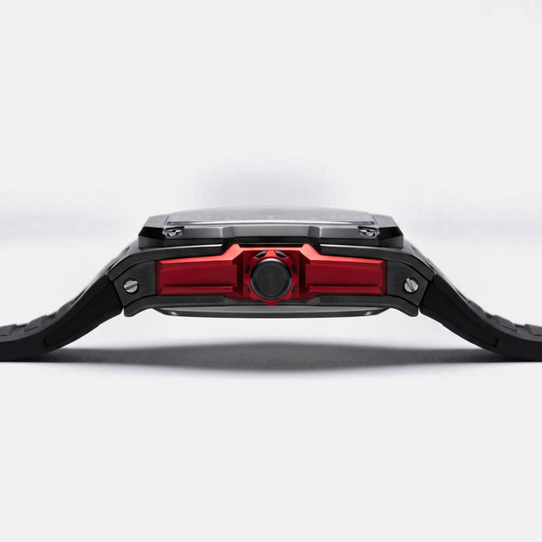 Reloj moteur V12 de perfil, grosor de la caja tonneau