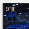 Poster Nissan Skyline GTR R34 Bayside Blue Tourismo avec voiture bleue et texte Skyline Legend