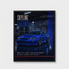 Poster Nissan Skyline GTR R34 Bayside Blue Tourismo avec coupé japonais bleu sur fond urbain nocturne