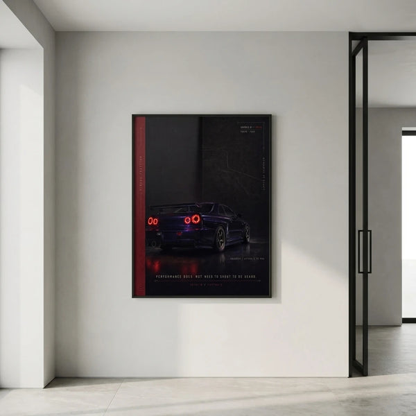 Poster Nissan Skyline GTR R34 Midnight Purple Tourismo encadré et présenté dans un intérieur contemporain